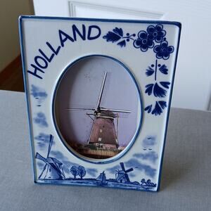Delft Blue Handpainted Holland Ceramic Photo Frame 5"x4" VTG windmill postcard